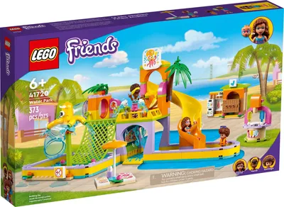 The image shows the packaging of a LEGO Friends water park playset, depicting the assembled toy with mini-doll figures enjoying the water park.