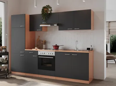 Produktbild von Respekta, Küchenblock, Buche Nachbildung, Grau Nachbildung, Gerda, 270 cm, wechselseitig aufbaubar, LED-Beleuchtung (Kühlteil), wechselbarer Türanschlag (Kühlteil)