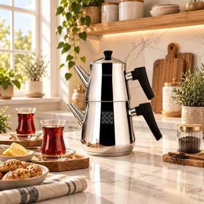 Image de Théière traditionnelle turque Serenk, acier inoxydable 18/10, bouilloire à ébullition rapide pour cuisinière, 2 couvercles, fond thermocapsule forgé extra-robuste, design poli miroir, 3 pintes, noir