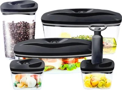 Obrázek produktu pro Dafi | Sada vakuových dóz SeeYoo | Včetně pumpy | Uchovávejte produkty déle čerstvé | Zabraňte plýtvání potravinami | Snadné použití | Bezpečné | Sada 5 kusů | Černá barva