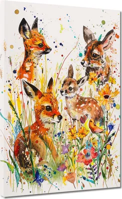 Produktbild von Abstrakte Rehe im bunten Wald Leinwandbild Wandbild Kunstdruck XL Wanddeko: 90x120x2cm