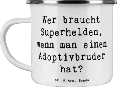 Produktbild von Mr. & Mrs. Panda Teetasse Spruch Held Adoptivbruder - Weiß - Geschenk, Helden, Emaille Tasse, Teebecher, Adoption, Geschwisterliebe, Becher, Haferl, Outdoor, Geschenke