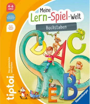 A colorful illustration of a dinosaur with children and large alphabet letters, suggesting an educational toy for learning letters.