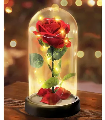 Productafbeelding van Eeuwige roos in glazen vaas met LED-verlichting, rode zijdenroos, cadeau voor Moederdag, cadeau voor Valentijnsdag, B 11,5 cm x H 24 cm