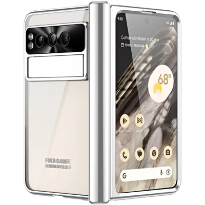 A folded smartphone case is shown with the phone inside, displaying its screen and camera.