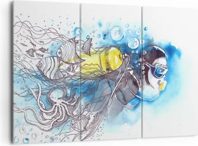 Produktbild von Bild auf Leinwand - Leinwandbild - Taucher Fische Illustration Hobby - 165x110cm - Wand Bild - Wanddeko - Leinwanddruck - Bilder - Kunstdruck - Leinwand bilder - Wandkunst - CE165x110-2982