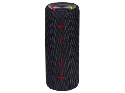 A black cylindrical speaker with red plus and minus symbols on its side.