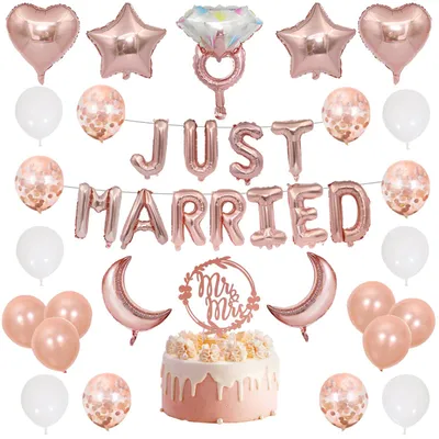 Imagen del producto de Yootiko: Guirnalda y globos "Just Married" en color rosa oro, ideales para la decoración de bodas