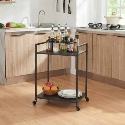 A kitchen scene with a serving cart.