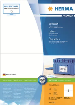 Produktbild von Etiketten Premium A4, weiß 210x148 mm Papier matt 200 St.