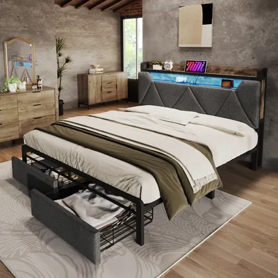 Produktbild von STILVORA Polsterbett 140x200cm Doppelbett mit USB und Type-C Ladefunktion,mit LED-Beleuchtung und Schubladen,Stauraum-Kopfteil,Grau(mit Matratze)