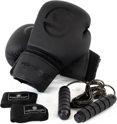 Immagine prodotto di Guantoni da boxe Sportisfaction 12 oz Set incl. bendaggi e corda per saltare Nero Finto cuoio