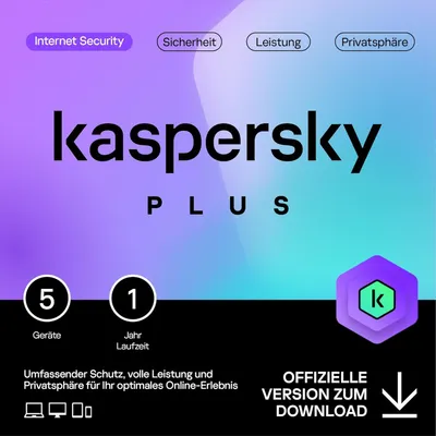 Produktbild von Kaspersky Plus Internet Security 2025 | 5 Geräte | 1 Jahr | Anti-Phishing und Firewall | Unbegrenzter VPN | Passwort-Manager | Online-Banking Schutz |