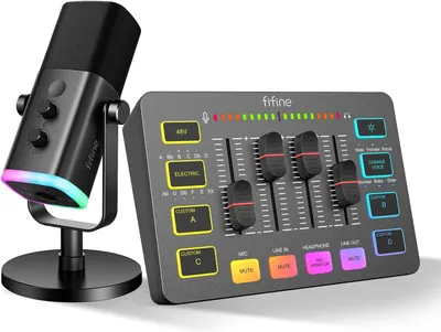 Immagine prodotto di Microfono XLR AM8 + SC3 per streaming e mixer audio per gaming, microfono USB dinamico per PC da utilizzare in studi di registrazione e podcast, mixer RGB per PC con ingresso XLR
