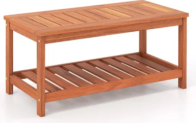 Produktbild von GOPLUS Couchtisch Outdoor, 2-stufiger Kaffeetisch mit Ablagefach & Lamellen-Tischplatte, Terrassentisch aus Hartholz, Gartentisch Sofatisch, Braun
