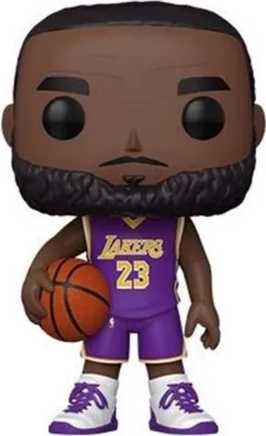 A Funko Pop! vinyl figure of LeBron James in a Los Angeles Lakers uniform, holding a basketball.