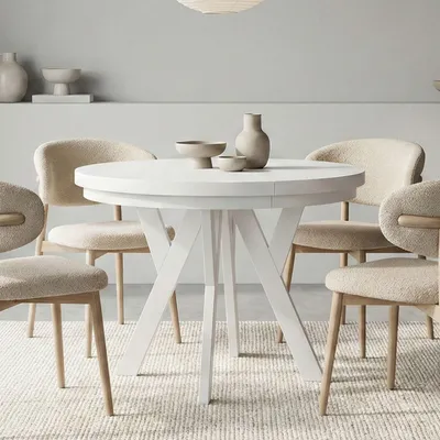 Image de Table ronde à rallonges pour la salle à manger, PERO avec un piètement à anneaux, style loft, scandinave, diamètre : 100 / 200 cm, couleur : blanc
