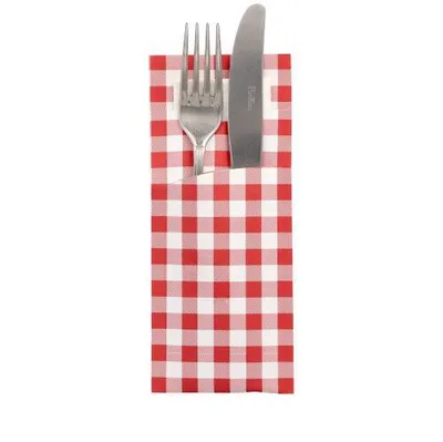 Produktbild von Papstar Bestecktaschen rot "Vichy Karo", 20x8,5 cm, inkl. weißer Serviette 33x33 cm 2-lag. 520 Stück