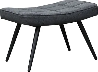 A dark gray upholstered bench with black metal legs.