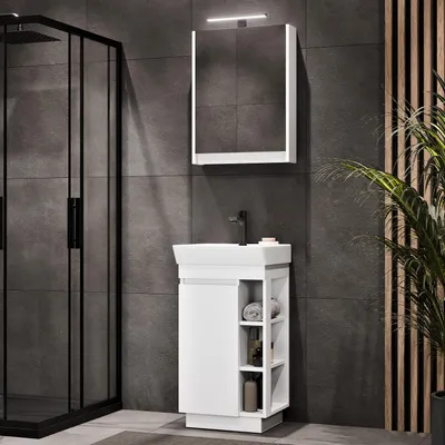 Produktbild von Planetmöbel Badmöbel Set NYX Waschtisch 45 cm Matt Weiß mit Spiegelschrank und Armatur schwarz