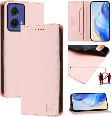 Image de Etui en cuir pour Motorola Moto G85, étui à rabat avec fentes pour cartes, portefeuille et support Rose