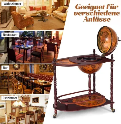 Image de Bar globe en bois d'eucalyptus sur 3 roulettes pour ouverture.