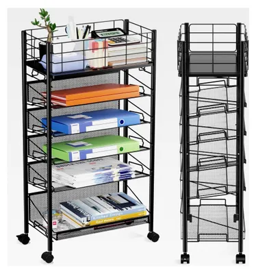 Produktbild von Rollbarer Aktenwagen mit Rädern, 6-stufiger Metallwagen für Büro, Zuhause, Schule und Bibliothek, Schwarz