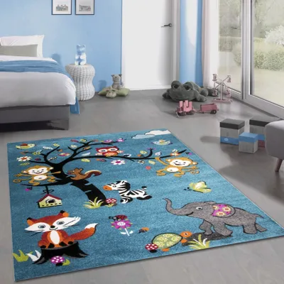 Produktbild von Teppich mit vielen Tiermotiven | in blau | Kinderfreundlich Größe - 160 x 230 cm