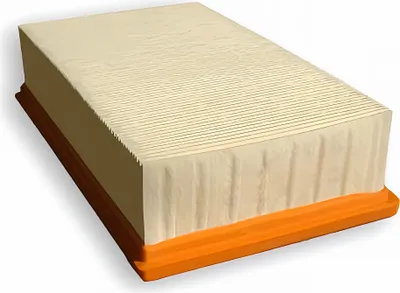 A rectangular air filter with pleated beige filtering material and an orange base, shown at an angle against a white background.