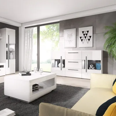 Produktbild von Sideboard weiß Hochglanz Set TURDA-83 mit Vitrine und Couchtisch inkl. LED Beleuchtung