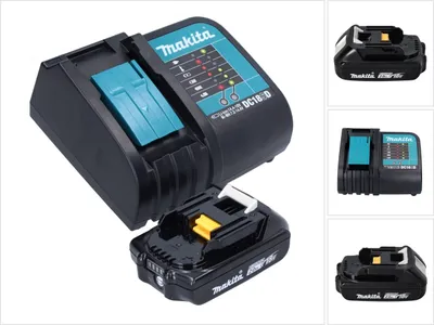 A collage of images showing a Makita battery charger and battery pack.