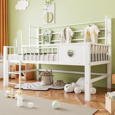 Productafbeelding van Metaal hoogslaper, 90 x 200 cm, met kledingroede, netrek, opbergruimte en veiligheidsreling. Kinderbed, tienerbed, metalen frame, wit