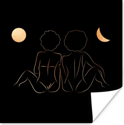 Produktbild von MuchoWow® Poster Frauen - Mond - Gold - Strichzeichnung 75x75 cm - Wand Dekoration
