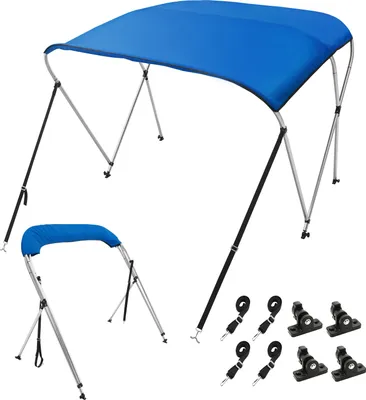 A blue boat bimini top and its accessories are displayed against a white background.
