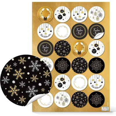 Produktbild von Logbuch-Verlag 24 Weihnachtsaufkleber schwarz weiß gold - Frohe Weihnachten Sticker rund selbstklebend 4 cm48 Aufkleber / 2 Bögen