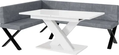 Produktbild von MEBLINI Eckbank für Esszimmer mit ausziehbarem Tisch - Küchenbank - Essecke - Sitzecke Küche - PETER - X-Beine 142x196x87cm Links - Grau Samt/B Weiß Hochgl.