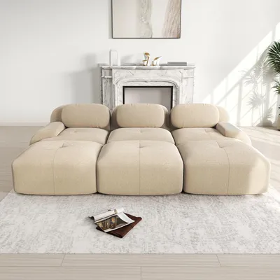 Zdjęcie produktu dla Sweiko Modułowa sofa 3-osobowa z 3 stołkami w tkaninie sztruksowej, dostawa bez montażu, przyjazna dla zwierząt, bardzo szerokie podłokietniki, tapicerka o wysokiej sprężystości 32D do salonu i kina domowego, beżowy