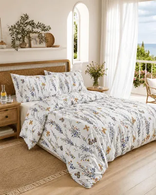 Produktbild von Seersucker Bettwäsche Schmetterlinge Blumen 135x200 cm 100% Baumwolle