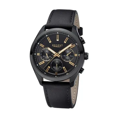 Produktbild von Regent Herren Uhr Chronograph BA-768 Leder schwarz, Edelstahl Ionen schwarz Beschichtet