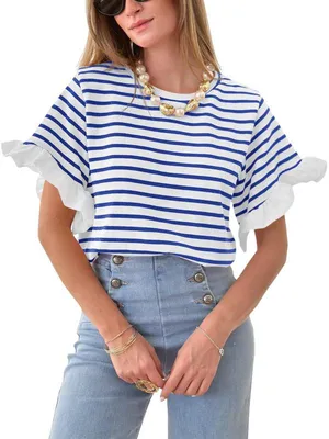 Produktbild von Gestreiftes Damen-T-Shirt, Rüschenärmel, Rundhalsausschnitt, kurze Ärmel