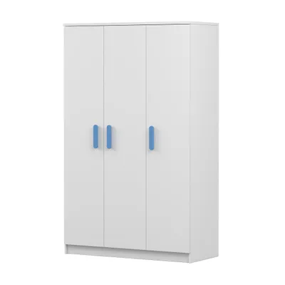 Produktbild von Kinder-Kleiderschrank 120 cm – Weiß/Weiß mit blaue Griffe, Kleiderstange & Einlegeböden JONAS 19