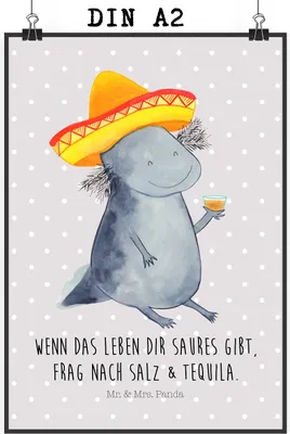 Produktbild von Mr. & Mrs. Panda Bild Axolotl Tequila DIN A2 - Grau Pastell - Geschenk, Urlaub, Party, trinken, drucke, Lurch, wandkunst, Mexiko, Kunstdruck, wanddeko, Plakat, Spruch