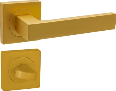 Produktbild von DOMINO Türgriff Drückergarnitur WC - Badezimmer Set | mit quadratischen Rosetten | für Badezimmertüren | Set WC - Rosetten-Garnitur | Türbeschläge aus Aluminium | Gold Matt Türdrückergarnitur| QUBIK-QR K-GOLD MATT