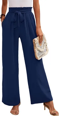 Image de ASKSA Pantalon femme jambes larges Taille haute Pantalon décontracté léger avec poches, Bleu foncé, Taille : M