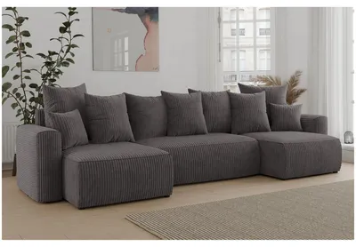 Produktbild von MEBLINI Schlafcouch mit Bettkasten - 312x142x73cm - Grau Cordstoff - DAVE - Ecksofa mit Schlaffunktion - Sofa mit Relaxfunktion und Kopfstützen - Couch U-Form - Eckcouch - Wohnlandschaft