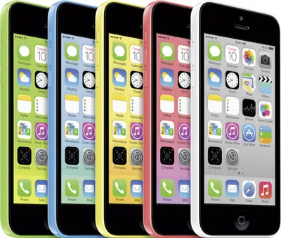 A row of five colorful iPhones.