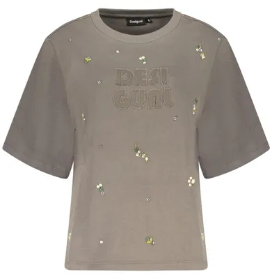 Produktbild von Grauer Damenpullover mit Strass & Stickerei – Kurzarm & Rundhals