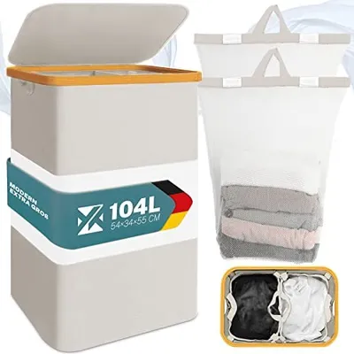 Produktbild von JOIEYOU Koš na prádlo s víkem 2 přihrádky 104L Koš na prádlo Box na prádlo Skládací s odnímatelným síťovaným pytlem na prádlo Koš na prádlo Koše na prádlo, béžová barva