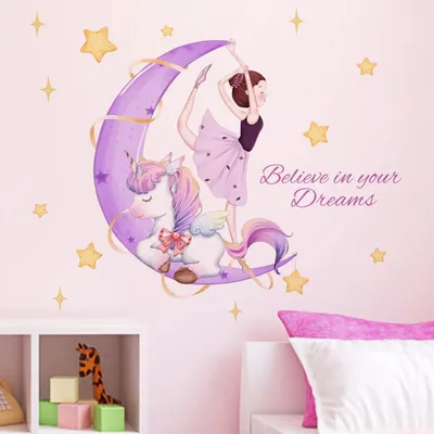 Imagen del producto de Calcomanías para pared con forma de unicornio, con estrellas y luna, removibles, de PVC, ideales para habitaciones infantiles