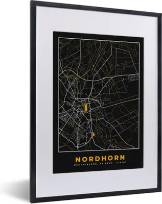 Produktbild von MuchoWow® Gerahmtes Poster Nordhorn - Stadtplan - Gold - Karte - Deutschland 30x40 cm - Poster mit Schwarzem Bilderrahmen Wandposter Rahmen Foto Bilder - Wandposter Schlafzimmer